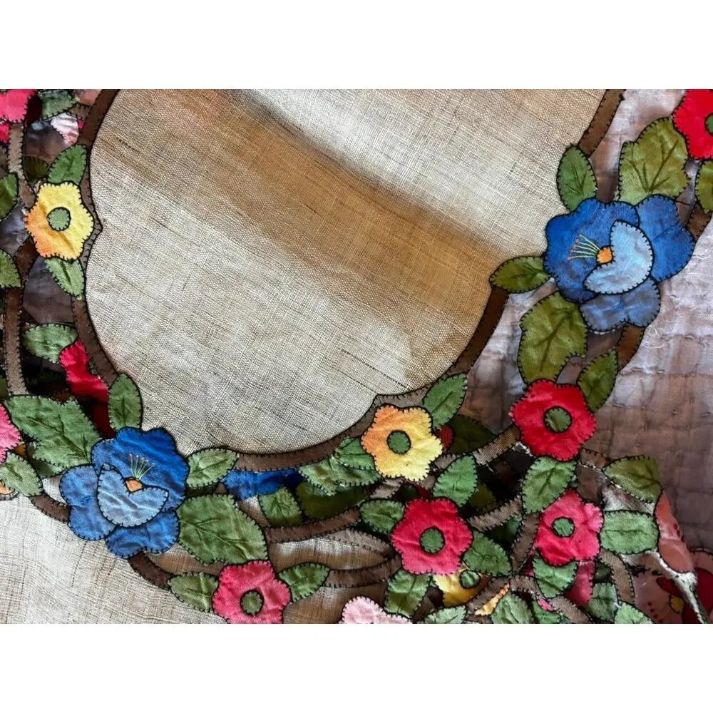 Vintage Floral Applique Linen Placemats Set of 8 Hand Embroidered Cutwork